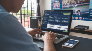 A shot of a person in Thailand betting online. He is sitting at a desk with a laptop. The laptop screen displays a betting website. There is a smartphone next to the laptop. The room has a poster of a sports event on the wall.
