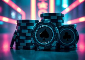 Neon poker chips on a neon background
