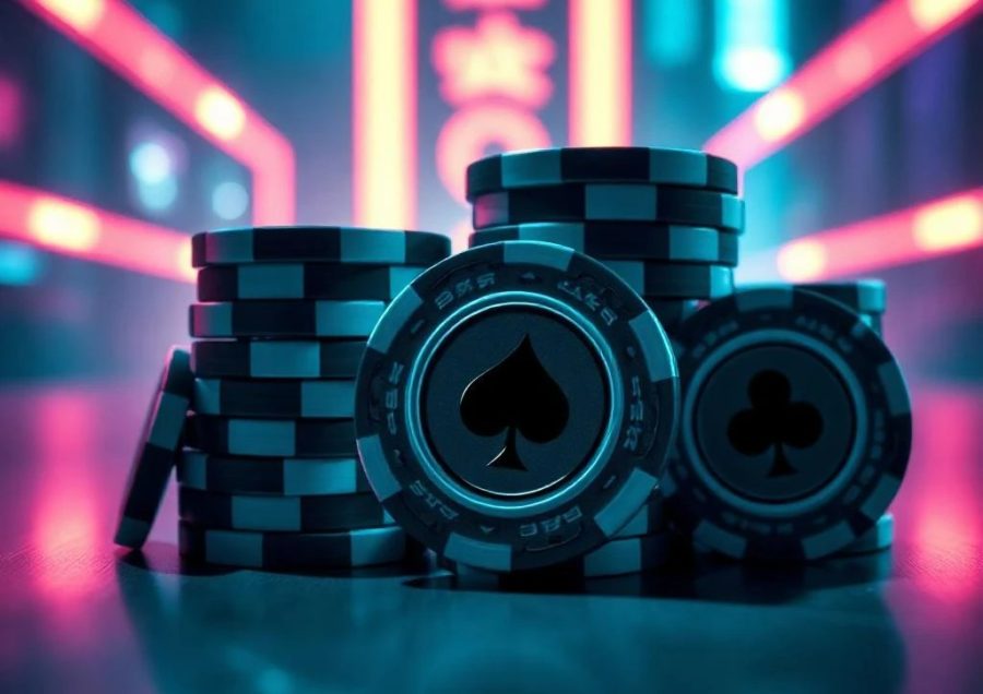 Neon poker chips on a neon background