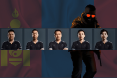 ATOX Esports CS2 team banned by ESIC over match-fixing scandal. Image of five ATOX Esports CS2 team members wearing black jerseys, displayed in front of the Mongolian flag. A dark, stylized Counter-Strike character with glowing red sunglasses stands in the background holding a gun, symbolizing the match-fixing scandal.