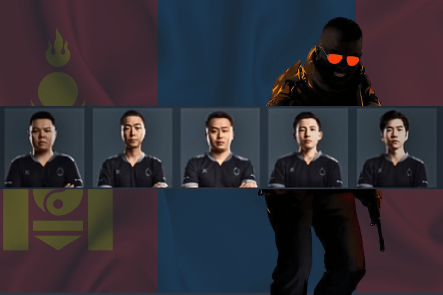 ATOX Esports CS2 team banned by ESIC over match-fixing scandal. Image of five ATOX Esports CS2 team members wearing black jerseys, displayed in front of the Mongolian flag. A dark, stylized Counter-Strike character with glowing red sunglasses stands in the background holding a gun, symbolizing the match-fixing scandal.
