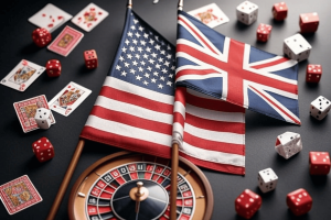 Are UK gambling companies like bet365 leaving for the US market? AI image of US flag next to Union Jack flag with gambling related objects around.