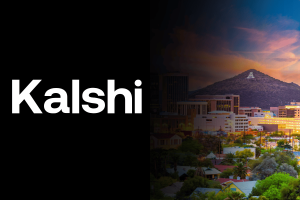 Arizona orders Kalshi to halt unlicensed event betting, citing illegality. Kalshi logo against cityscape of Arizona
