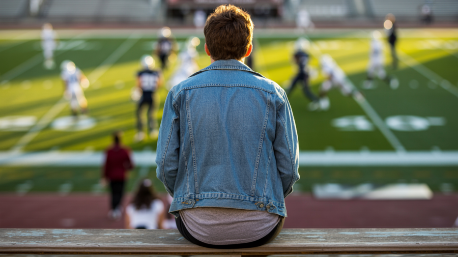 A photograph of the back of a young college student engrossed in an American football game. The student is wearing a faded denim jacket over a gray t-shirt and sits on a weathered wooden bleacher. The football game in the background is intentionally blurred, showcasing a field of vibrant green with indistinct figures moving across it. Soft afternoon light filters through the stadium's roof, casting long shadows and highlighting the texture of the student's clothing.