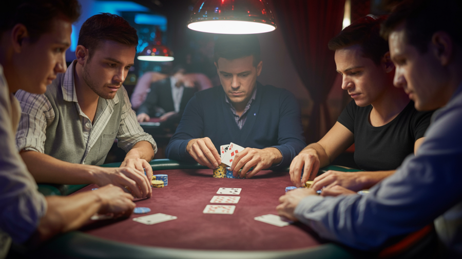 A photograph of a close-up shot depicting a tense poker game unfolding on a dark mahogany table. Five players are visible, each intently focused on their cards and the chips scattered before them, with one player revealing "PAIR OF KINGS". A single overhead lamp casts a dramatic spotlight on the table, highlighting the worn texture of the cards and the expressions of anticipation and calculation on the players' faces. The background is blurred, suggesting a dimly lit, smoky casino atmosphere.