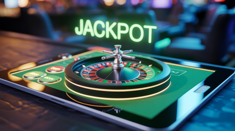 A photograph of a close-up view of a vibrant online casino game interface on a sleek black tablet. The screen displays “JACKPOT” in bold, neon green letters above a spinning roulette wheel with blurred motion. Surrounding the roulette wheel are illuminated digital buttons labeled “BET” and “SPIN” with subtle glowing edges. A shallow depth of field blurs the background, suggesting a dimly lit, modern gaming lounge.