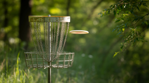 A photograph of a weathered disc golf net hanging in a sun-drenched forest clearing. The tightly woven chains of the net glisten with dew, and a single disc is caught mid-air, suspended just above the basket. Lush green foliage surrounds the net, with dappled sunlight filtering through the trees creating a bokeh effect in the background. The image is framed to focus solely on the net and disc, conveying a sense of quiet anticipation.