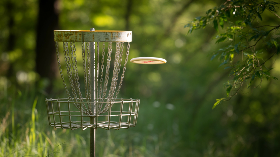 A photograph of a weathered disc golf net hanging in a sun-drenched forest clearing. The tightly woven chains of the net glisten with dew, and a single disc is caught mid-air, suspended just above the basket. Lush green foliage surrounds the net, with dappled sunlight filtering through the trees creating a bokeh effect in the background. The image is framed to focus solely on the net and disc, conveying a sense of quiet anticipation.