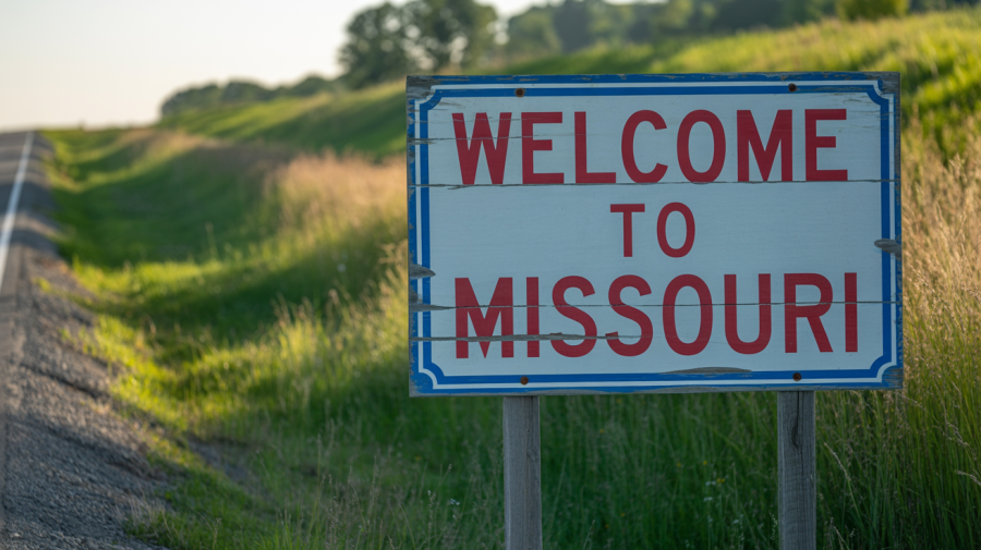 A photograph of a weathered wooden sign reading "Welcome to Missouri" alongside a rural highway. The sign is slightly faded with peeling paint, displaying classic block lettering in red and a blue border. Tall green grass and wildflowers line the roadside, blurring softly in the background while a late afternoon sun casts long shadows across the scene. The photograph is captured at a slight upward angle, emphasizing the sign's invitation and the expansive sky above.