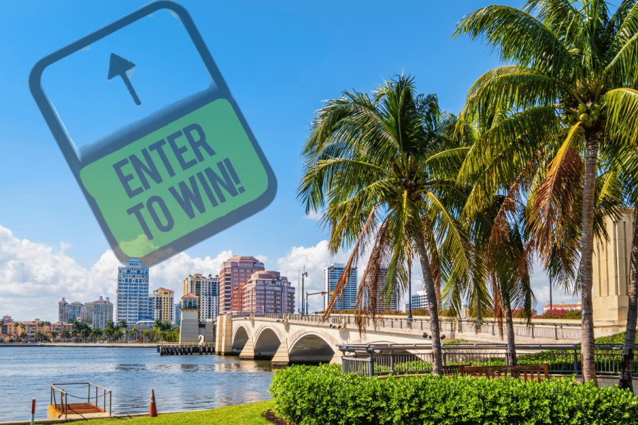 Florida lawmakers halt bills targeting online sweepstakes casinos. A scenic view of a Florida city waterfront with palm trees and a bridge, overlaid with a large graphic of a keyboard key that says "Enter to Win!" representing online sweepstakes.
