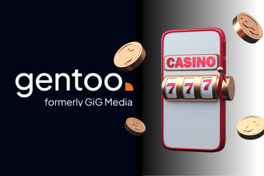 Gentoo Media 'lays off 100' amid stock delisting and site struggles - report. Split-screen graphic featuring the Gentoo Media logo with the text "formerly GiG Media" on the left, and a stylized mobile slot machine showing "777" and the word "CASINO" on the right, with animated gold coins floating around.