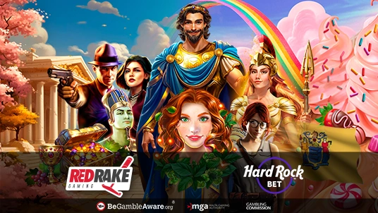 Slot game art work with Red Rake Gaming logo and Hard Rock Bet logo at the bottom