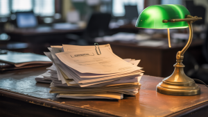 A photograph of a worn wooden office desk cluttered with a disorganized stack of documents labeled 