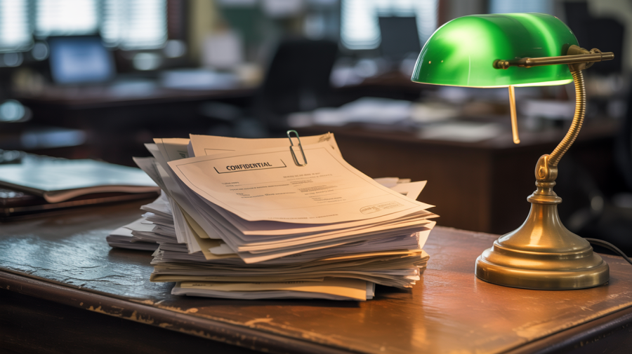A photograph of a worn wooden office desk cluttered with a disorganized stack of documents labeled "CONFIDENTIAL". The papers are slightly yellowed, with some corners folded and a single paperclip holding them together. A vintage brass desk lamp with a green shade casts a warm glow on the scene, highlighting the texture of the wood grain and creating long shadows across the surface. The background is blurred, suggesting a busy office environment.