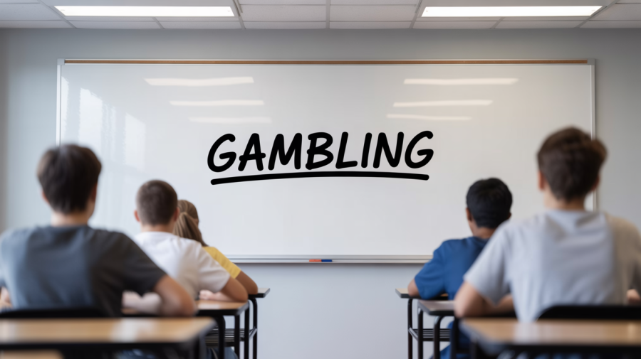 A photograph of a classroom whiteboard dominating the frame, displaying the stark white letters "GAMBLING" in bold black marker. A few blurred teenage figures sit in the background, partially visible behind the whiteboard, their faces indistinct and out of focus. The whiteboard is slightly angled, revealing a few faint, erased markings underneath the visible text, and sits on a textured green surface. Soft, diffused natural light streams in from a window, illuminating the scene and casting gentle shadows across the classroom.