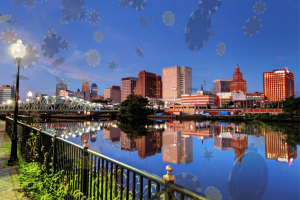 New Jersey moves to limit gambling ads, studying impact of language. Cityscape of New Jersey with casino chips falling overlayed.