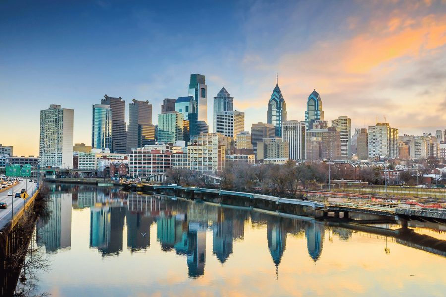 Pennsylvania Senate Bill 756 seeks to regulate skill gaming industry. Cityscape of Philadelphia, Pennsylvania.