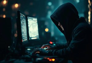 A hacker in a dark hood over a computer screen in the half light