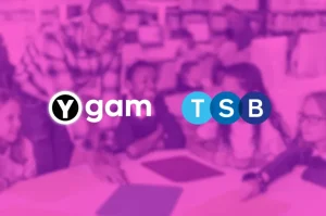 Ygam logo on the left, with TSB Bank logo on the right. Pink background behind the logos.