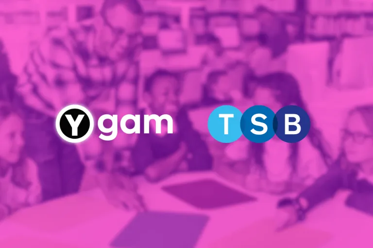 Ygam logo on the left, with TSB Bank logo on the right. Pink background behind the logos.