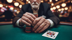 A photograph of an elderly man's weathered hands gripping a stack of poker chips on a green felt poker table. His hands are adorned with a simple gold wedding band and show signs of age with prominent veins and slight tremors, reflecting a lifetime of experience. A single card, the "Queen of Spades", lies face-up beside his chips, while the blurred background reveals the dimly lit, bustling atmosphere of a classic casino. Soft, warm light highlights the texture of the chips and the subtle tension in his grasp.
