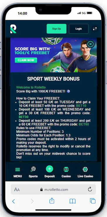 Sports Welcome Offer From Rolleto