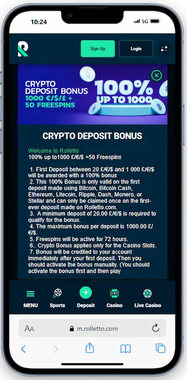 Cryptocurrency Deposit Bonus at Rolletto