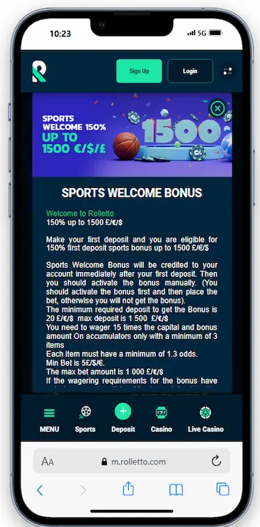 Rolletto Sports Welcome Offer