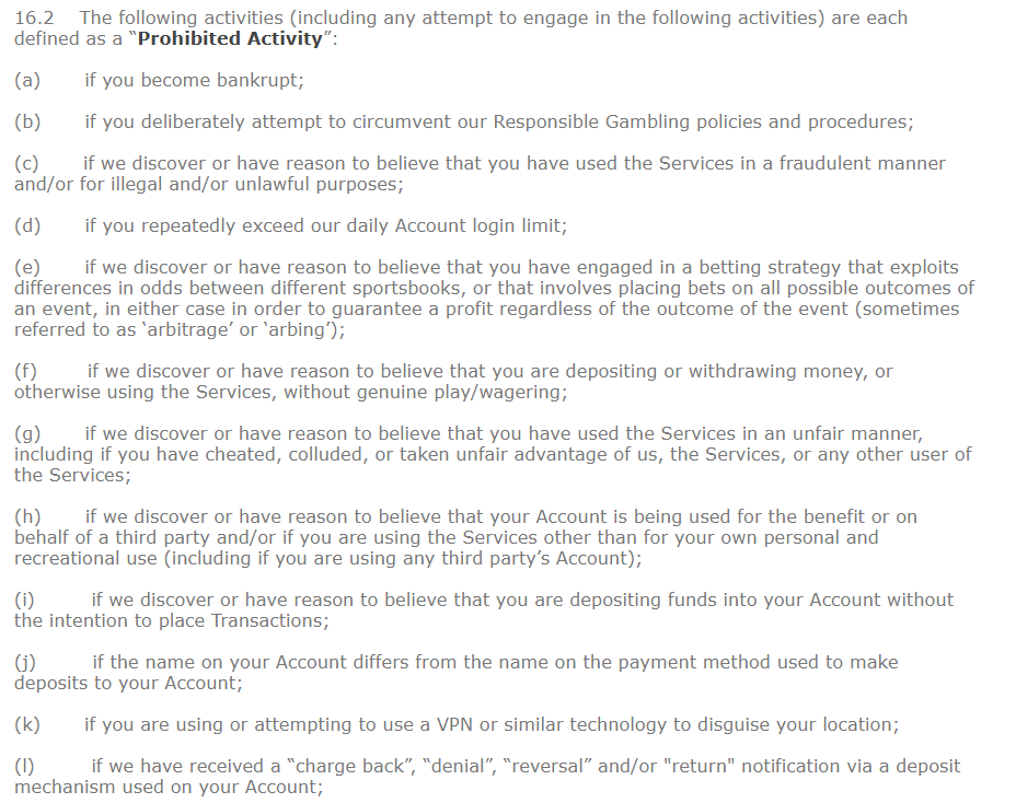 Screenshot of a betting platform's terms and conditions section 16.2, listing activities defined as 