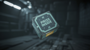 A photograph showcasing a close-up of an unopened loot box floating mid-air in a digital video game environment. The loot box is a dull grey color with subtle metallic accents, adorned with the words 