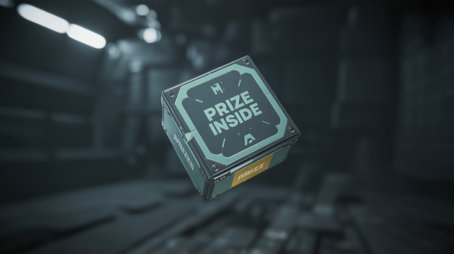 A photograph showcasing a close-up of an unopened loot box floating mid-air in a digital video game environment. The loot box is a dull grey color with subtle metallic accents, adorned with the words "PRIZE INSIDE" in a futuristic font. Soft, directional light illuminates the box, casting subtle shadows that highlight its rounded edges and the sealed lid. The background is a dark, blurry void with faint digital textures suggesting a simulated space, enhancing the sense of mystery.