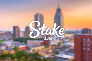 Stake.us hit with Alabama lawsuit over alleged illegal online gambling. Stake.us logo on top of Alabama cityscape