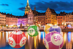 Swedish Social Democrats fined over elderly-targeted lottery telemarketing violations. Cityscape of Stockholm with lottery balls in front.