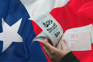 Texas Lottery bans courier services following leadership shakeup and $180M winnings inquiry. Texas flag with lone star and person holding lottery ticket.