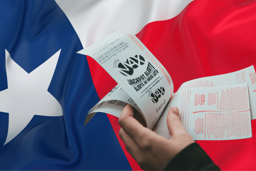 Texas Lottery bans courier services following leadership shakeup and $180M winnings inquiry. Texas flag with lone star and person holding lottery ticket.