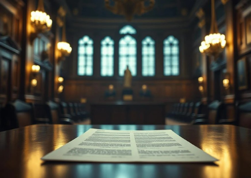 A table in a court with a document in the centre of the image