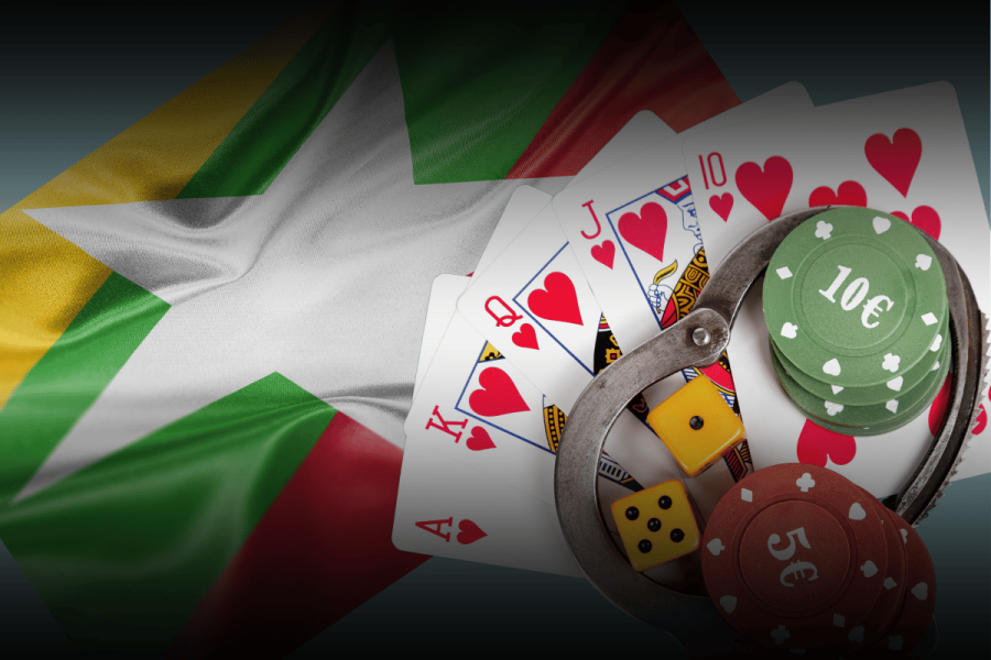 US sanctions Myanmar's Karen National Army over illegal gambling, online scams, and trafficking. Playing cards, poker chips, dice, and handcuffs placed over the Myanmar flag, symbolizing illegal gambling and crime in Myanmar.