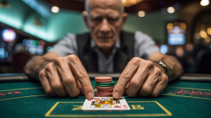 A photograph focusing on the weathered hands of an elderly man intensely playing poker at a casino table. His hands, covered in age spots and subtle wrinkles, grip a stack of chips and a single card showing "Queen of Hearts". The felt green poker table is slightly blurred in the background, with muted casino lights reflecting softly on the polished surface and a faint glimpse of other players. A single spotlight illuminates the hands, casting deep shadows and highlighting the intricate details of his skin and the chips.