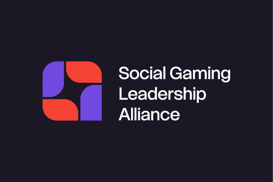 VGW and industry leaders launch Social Gaming Leadership Alliance for responsibility. Social Gaming Leadership Alliance purple and red logo on top of dark background.