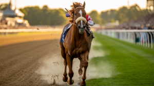 A photograph capturing the intense energy of a horse race, focused tightly on a powerful chestnut stallion. The horse’s muscles ripple beneath its sleek coat as it stretches its legs forward, its eyes fixed intently on the finish line ahead, and a white foam trails from its flared nostrils. The blurred background reveals a vibrant green racetrack lined with spectators in muted colors, bathed in the warm glow of the late afternoon sun. Dust kicks up from the horse's hooves, creating a dynamic and fleeting sense of motion.