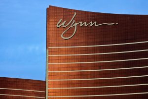 Wynn Resorts building in Vegas, close up of the top of the building with the sign on it.