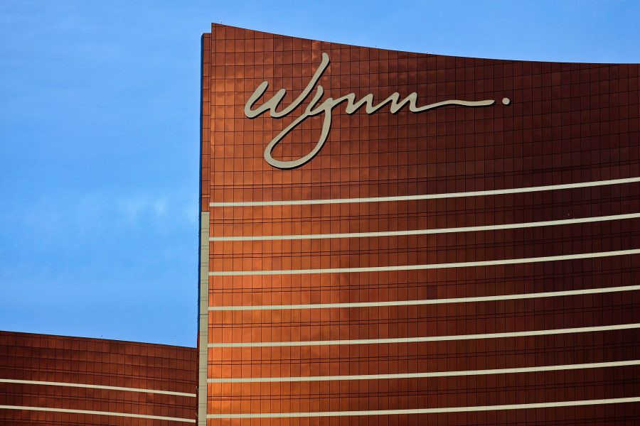 Wynn Resorts building in Vegas, close up of the top of the building with the sign on it.
