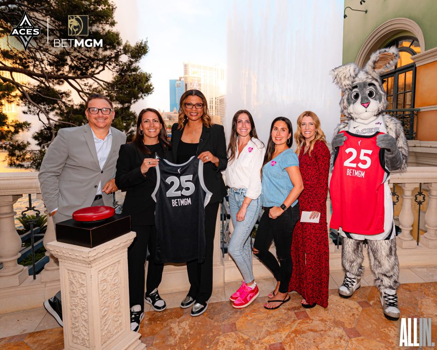 Official image from the launch of the BetMGM x Las Vegas Aces partnership at the Fountains of Bellagio.
