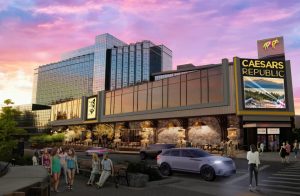 Official Caesars Republic Lake Tahoe Exterior Rendering / Caesars Entertainment has announced a $160 million renovation package to rebrand Harveys Lake Tahoe into Caesars Republic Lake Tahoe Hotel & Casino this summer.