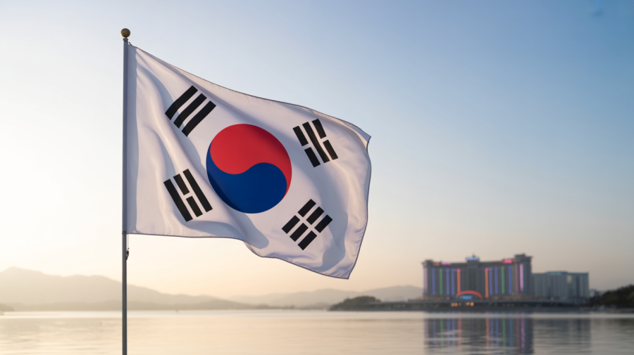 A photograph of the South Korean flag waving gently in a light breeze against a clear blue sky. The flag's vibrant colors—white, blue, and red—are crisp and distinct, with the Taegeuk symbol perfectly centered. In the distant background, blurred and partially obscured by a light haze, sits a glittering casino complex with its neon lights reflecting off a calm body of water. Soft, diffused sunlight illuminates the flag and the scene, creating a sense of serene grandeur.