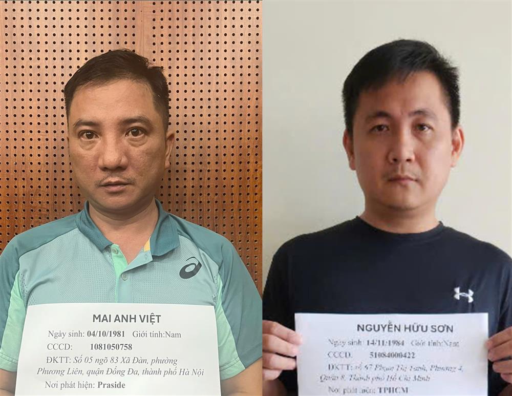 Two men identified as Mai Anh Việt and Nguyễn Hữu Sơn, both holding signs with personal information, shown in separate arrest photos.