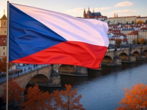 An AI image of a Czechia flag, with Prague in the background / The Constitutional Court of Czechia has declared that Prague City Council has the right to diverge from national gambling laws to apply its own regulations in the capital. 