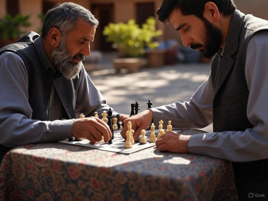 AI image to depict two Afghan men playing chess / Afghanistan's Taliban government has banned chess until further notice, over gambling fears.