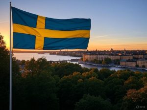 Image to depict a Swedish flag merging into a panoramic vista of Stockholm / The Swedish Gambling Authority (Spelinspektionen) has taken enforcement action against three unlicensed gambling operators for illegally targeting Swedish users. 