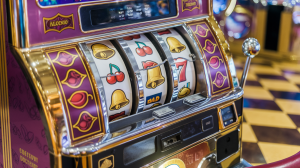 A photo of a casino slot machine by itself. The slot machine has a purple background with gold accents. There are various symbols on the machine, including cherries, bells, and 7s. There is a lever on the side of the machine. The floor around the machine is checkered.